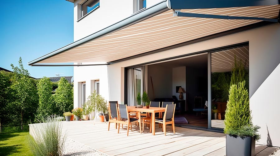 Ausgefahrene Gelenkarmmarkise über einer Holzterrasse